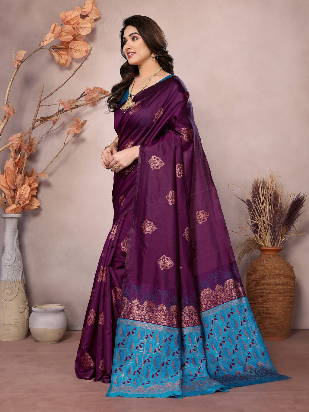 Vedant Vastram Soft Litchi Silk Kanjeevaram Saree - Wine | Grocsy