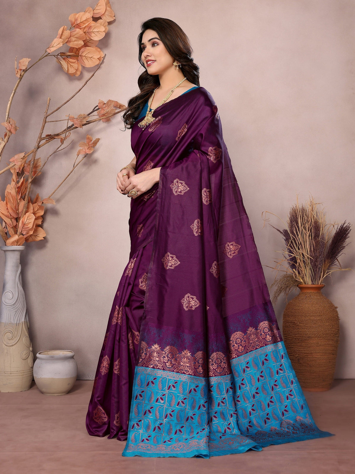Vedant Vastram Soft Litchi Silk Kanjeevaram Saree - Wine | Grocsy