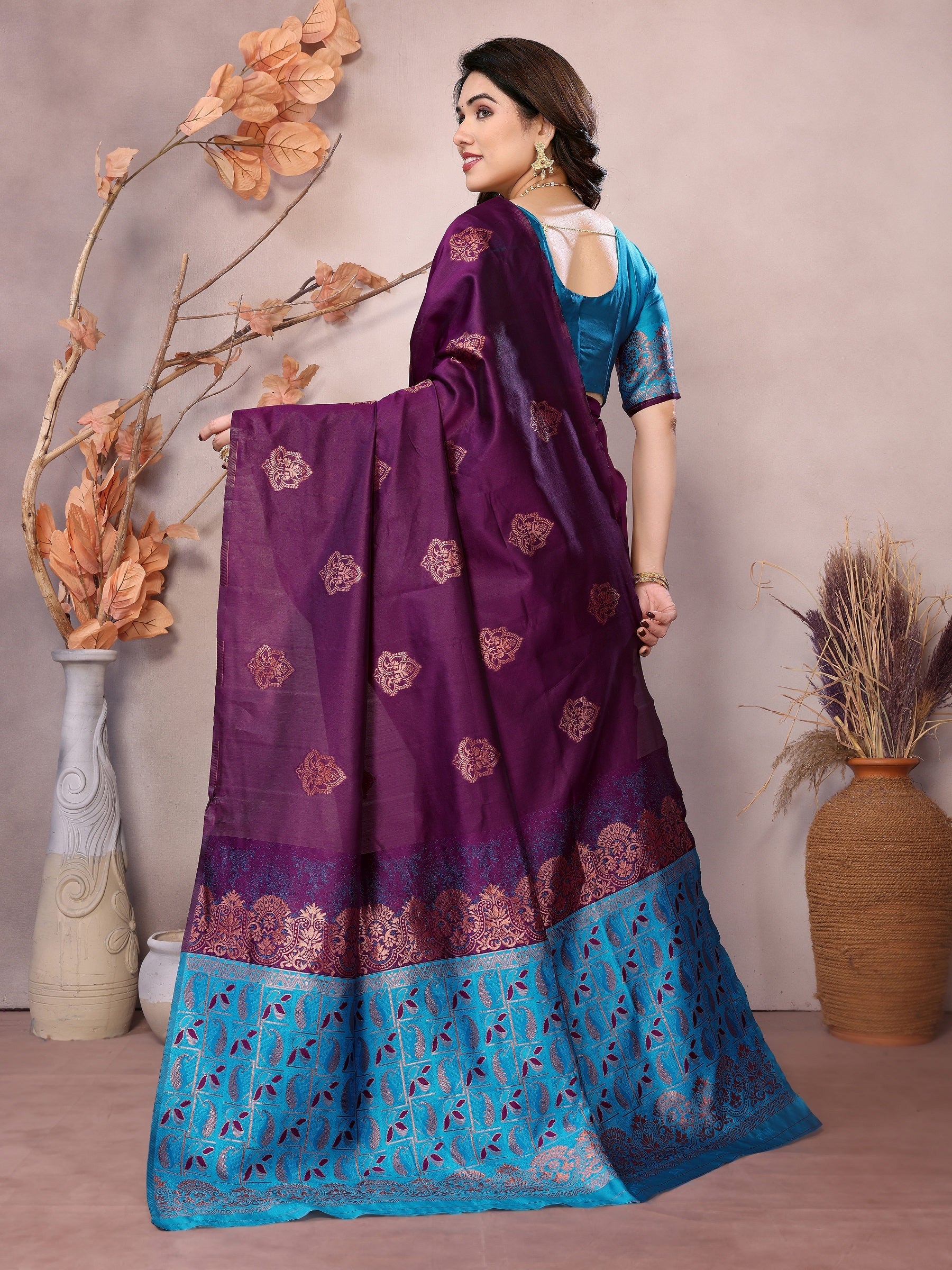 Vedant Vastram Soft Litchi Silk Kanjeevaram Saree - Wine | Grocsy