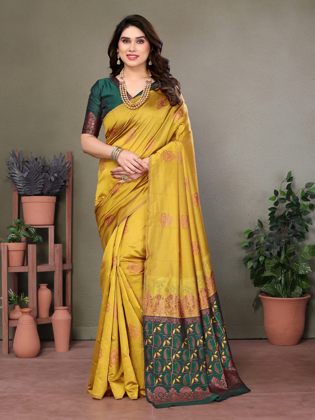 Vedant Vastram Soft Litchi Silk Kanjeevaram Saree - Mustard | Grocsy