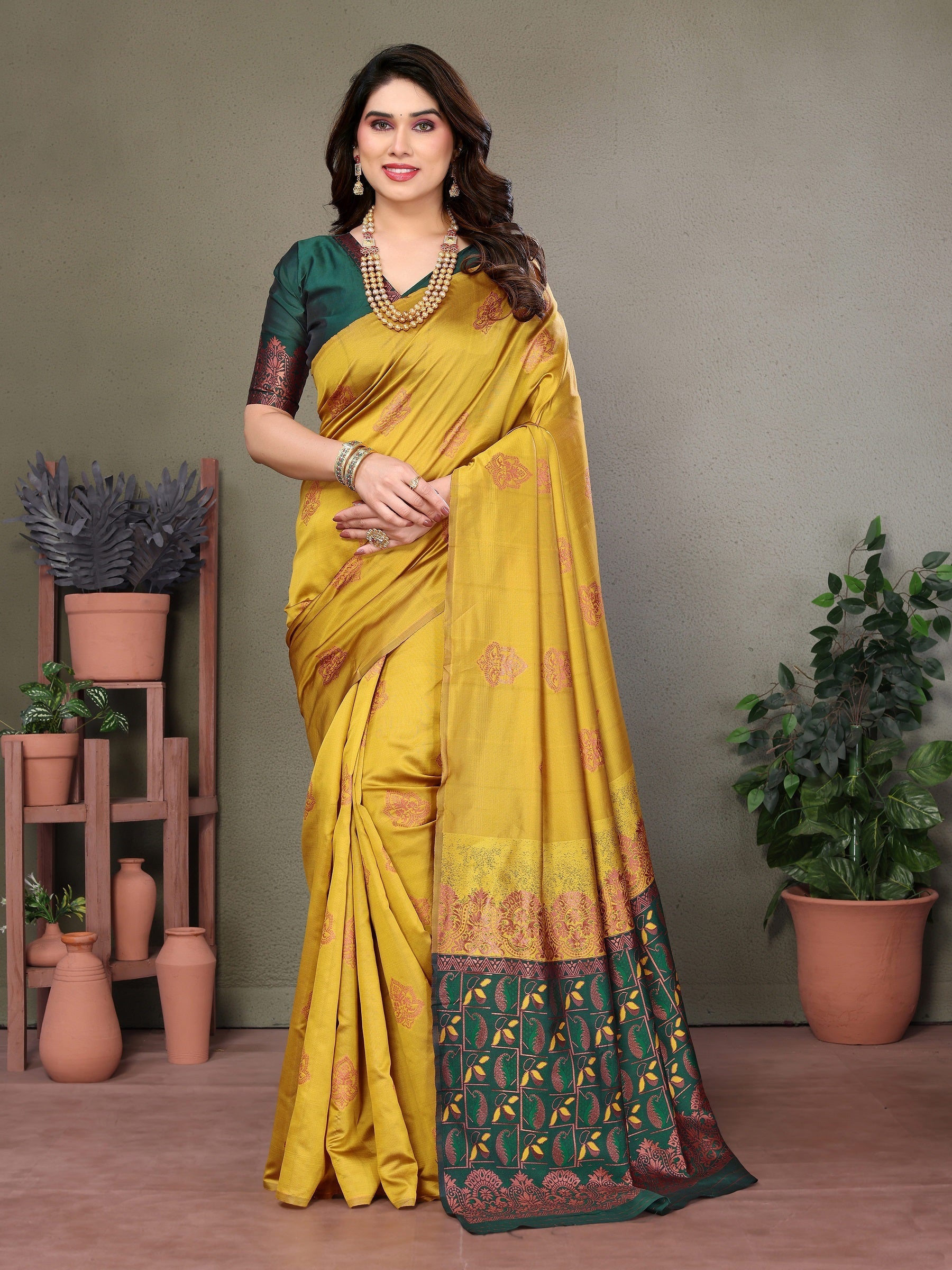 Vedant Vastram Soft Litchi Silk Kanjeevaram Saree - Mustard | Grocsy