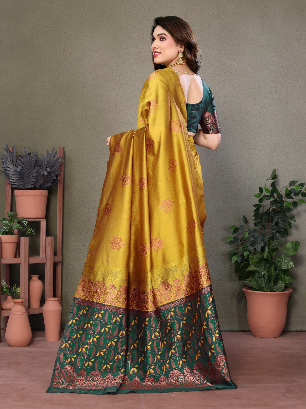 Vedant Vastram Soft Litchi Silk Kanjeevaram Saree - Mustard | Grocsy