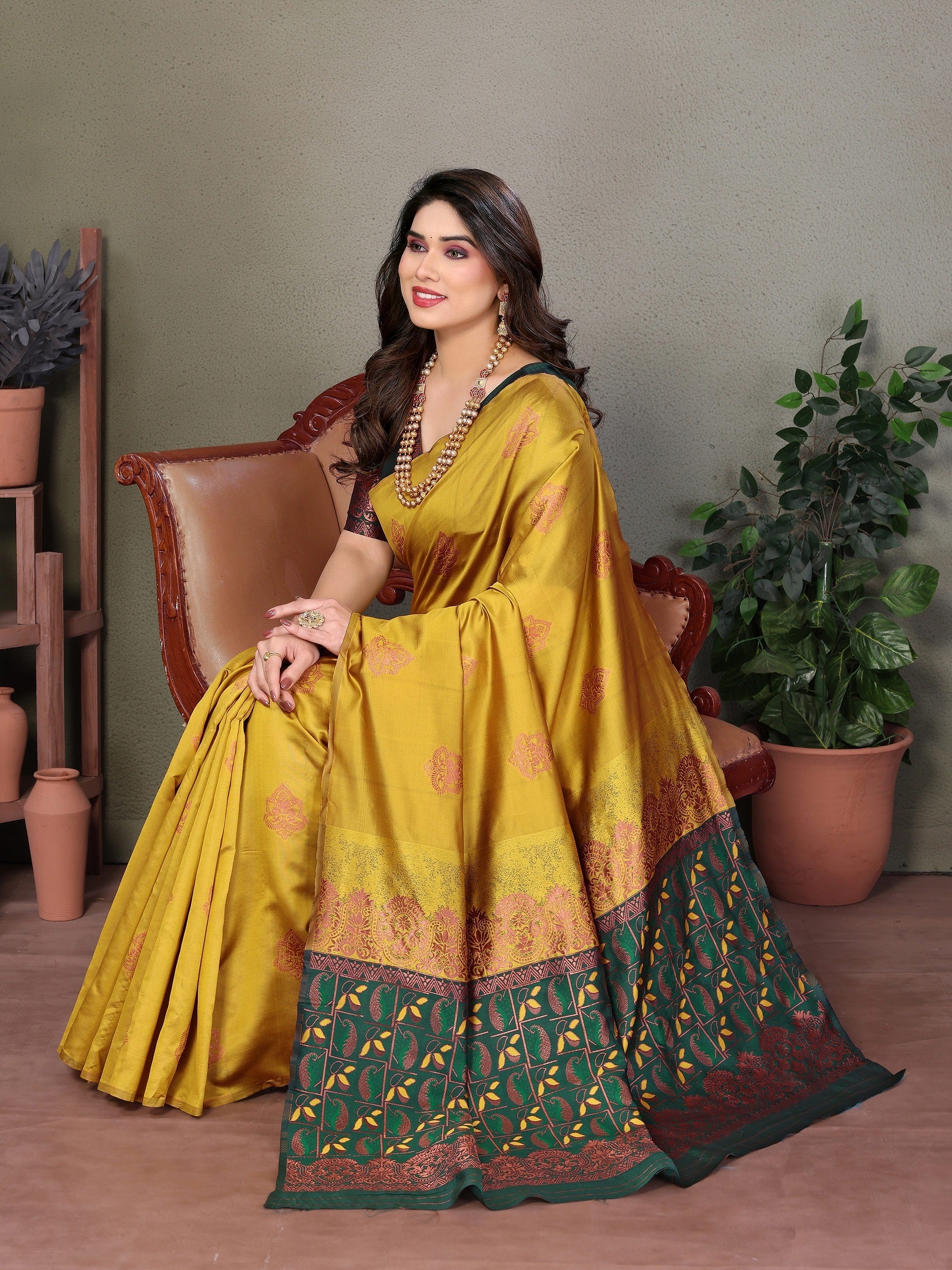 Vedant Vastram Soft Litchi Silk Kanjeevaram Saree - Mustard | Grocsy