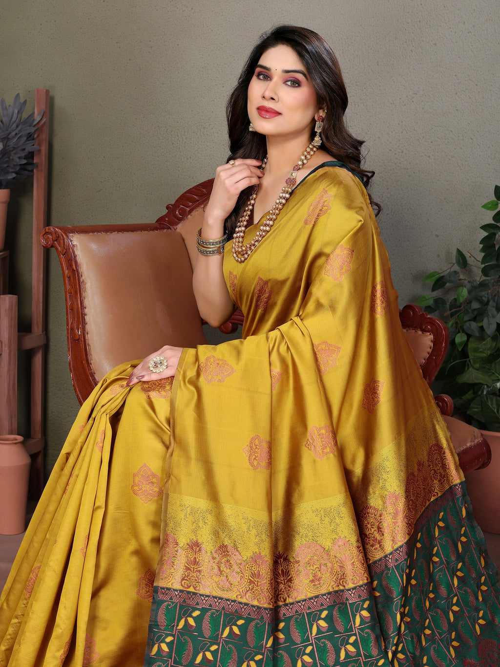 Vedant Vastram Soft Litchi Silk Kanjeevaram Saree - Mustard | Grocsy
