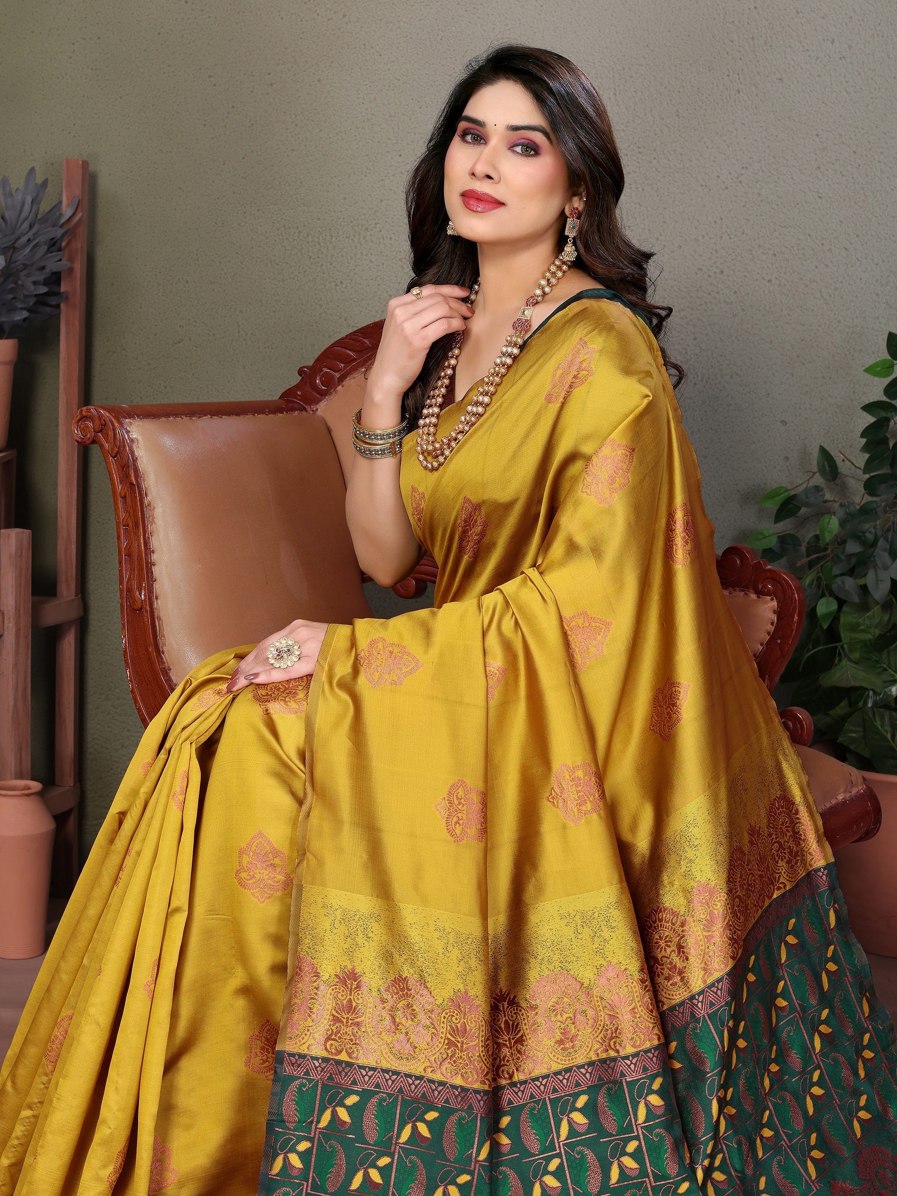 Vedant Vastram Soft Litchi Silk Kanjeevaram Saree - Mustard | Grocsy