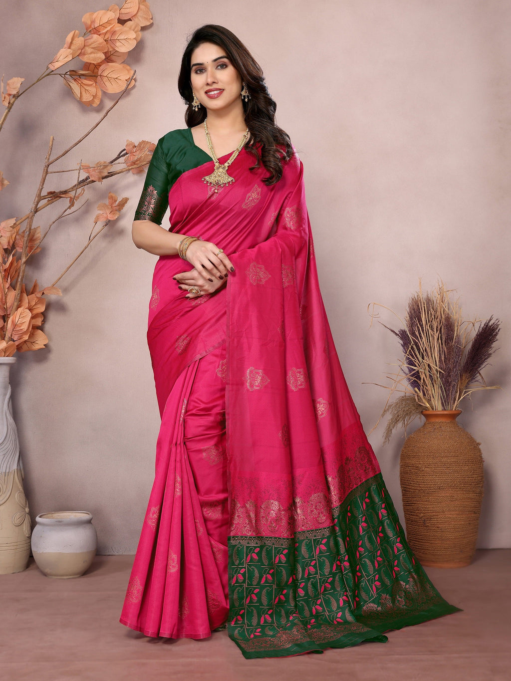 Vedant Vastram Soft Litchi Silk Kanjeevaram Saree - Pink | Grocsy
