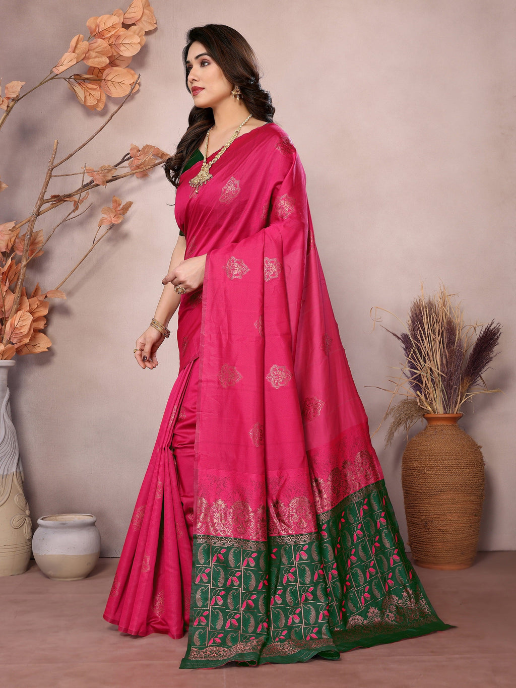 Vedant Vastram Soft Litchi Silk Kanjeevaram Saree - Pink | Grocsy