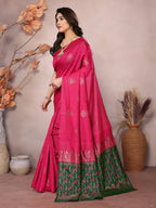Vedant Vastram Soft Litchi Silk Kanjeevaram Saree - Pink | Grocsy