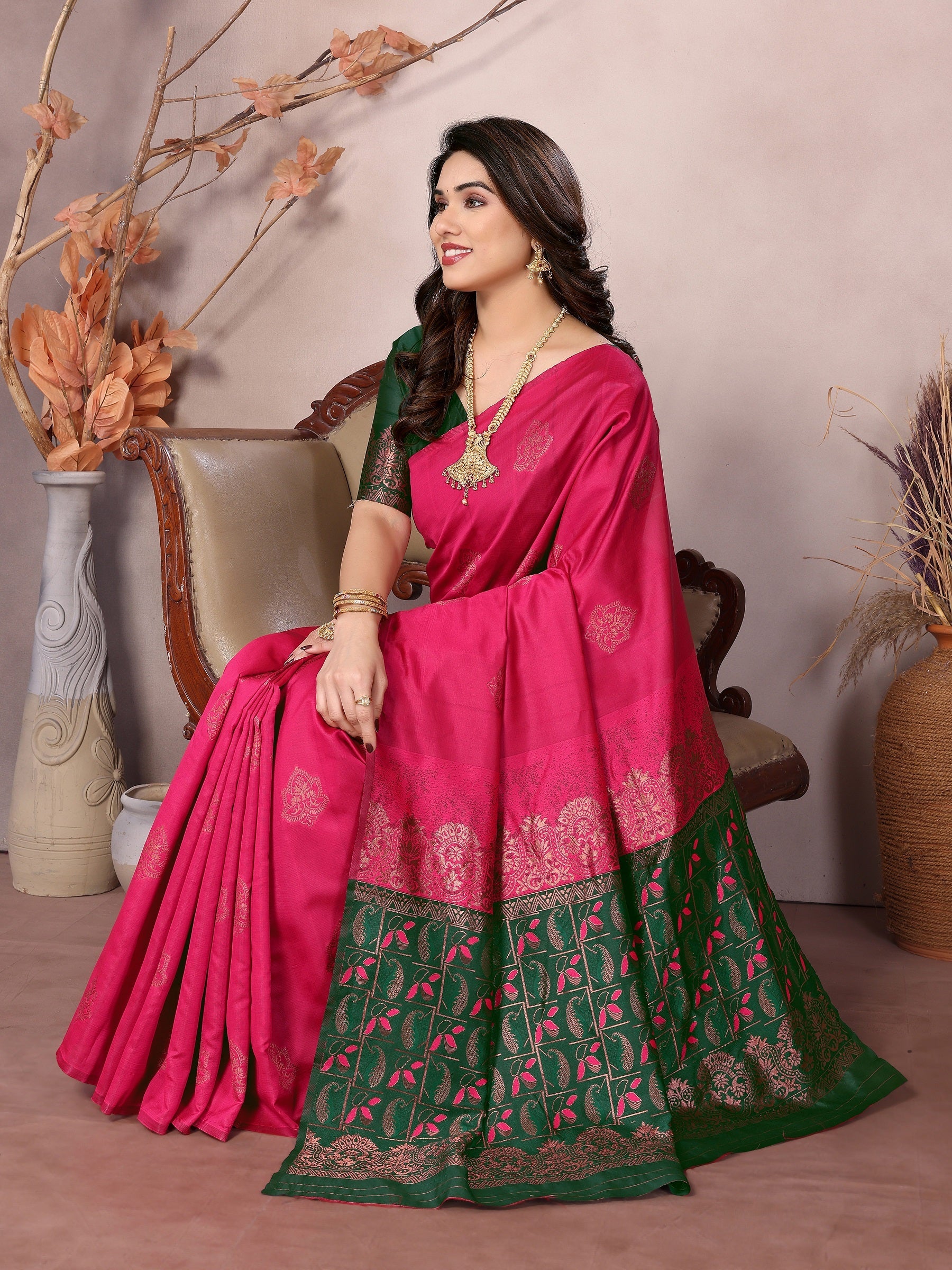 Vedant Vastram Soft Litchi Silk Kanjeevaram Saree - Pink | Grocsy