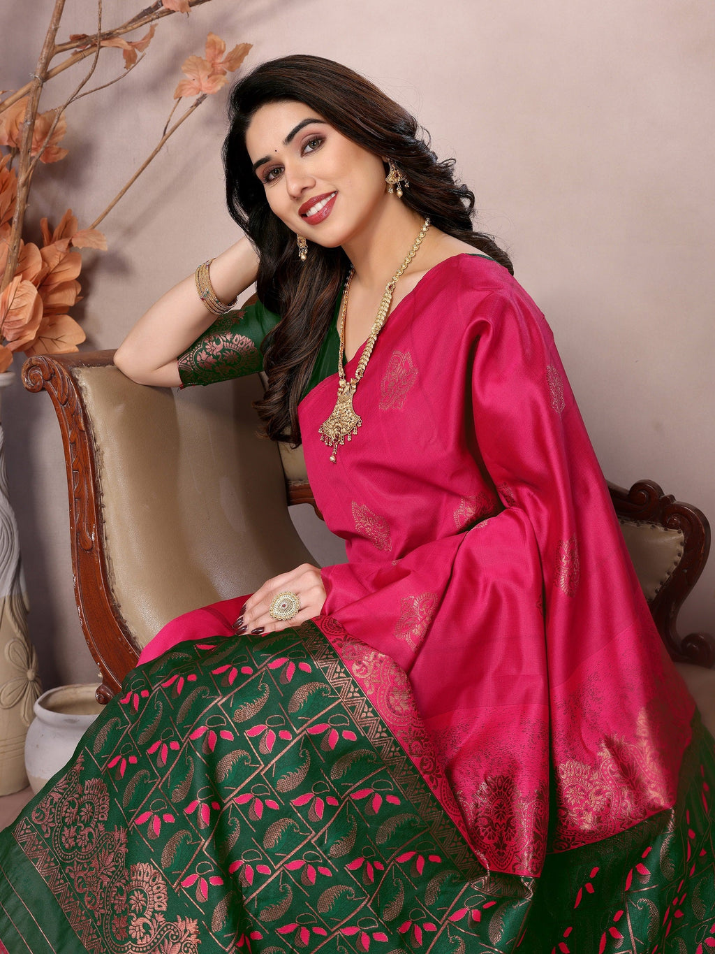 Vedant Vastram Soft Litchi Silk Kanjeevaram Saree - Pink | Grocsy