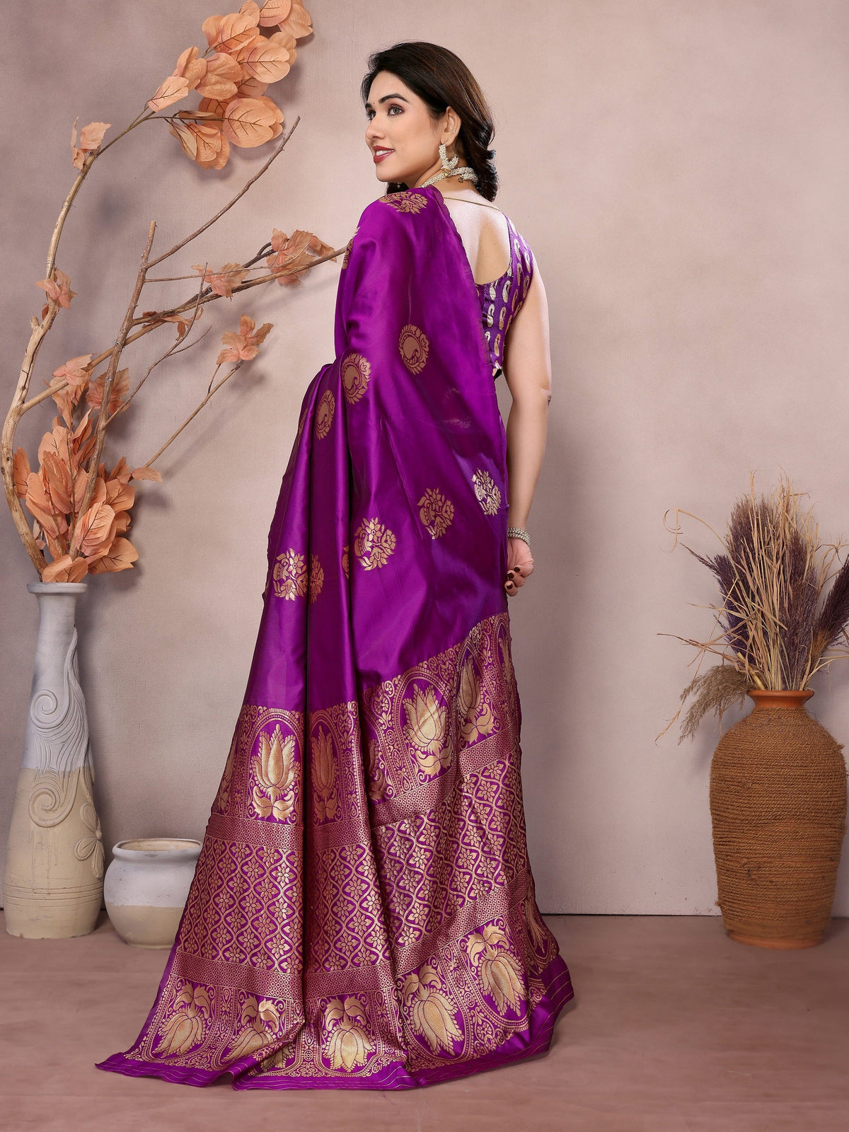 Vedant Vastram Soft Litchi Silk Kanjeevaram Saree - Purple | Grocsy