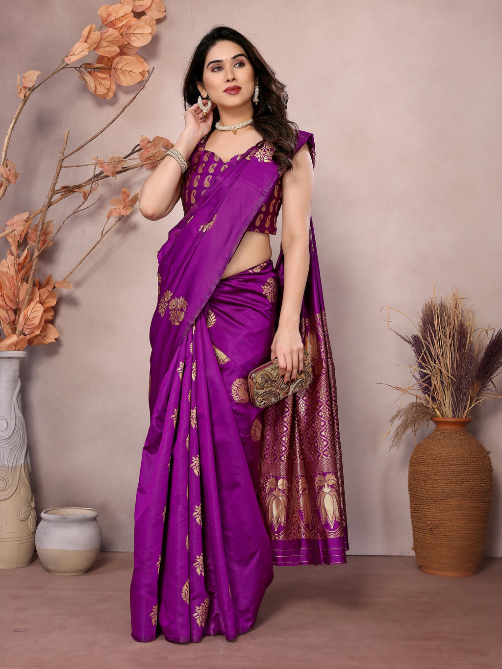 Vedant Vastram Soft Litchi Silk Kanjeevaram Saree - Purple | Grocsy
