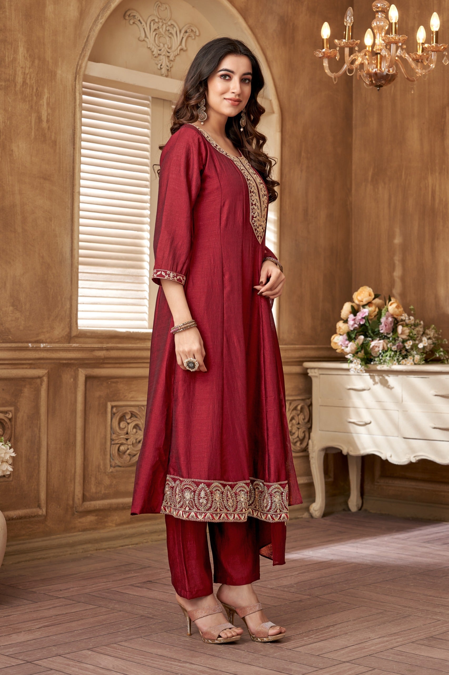 Vedant Vastram Kurta Pant set with Dupatta having Beautiful Embroidered work - Maroon | Grocsy