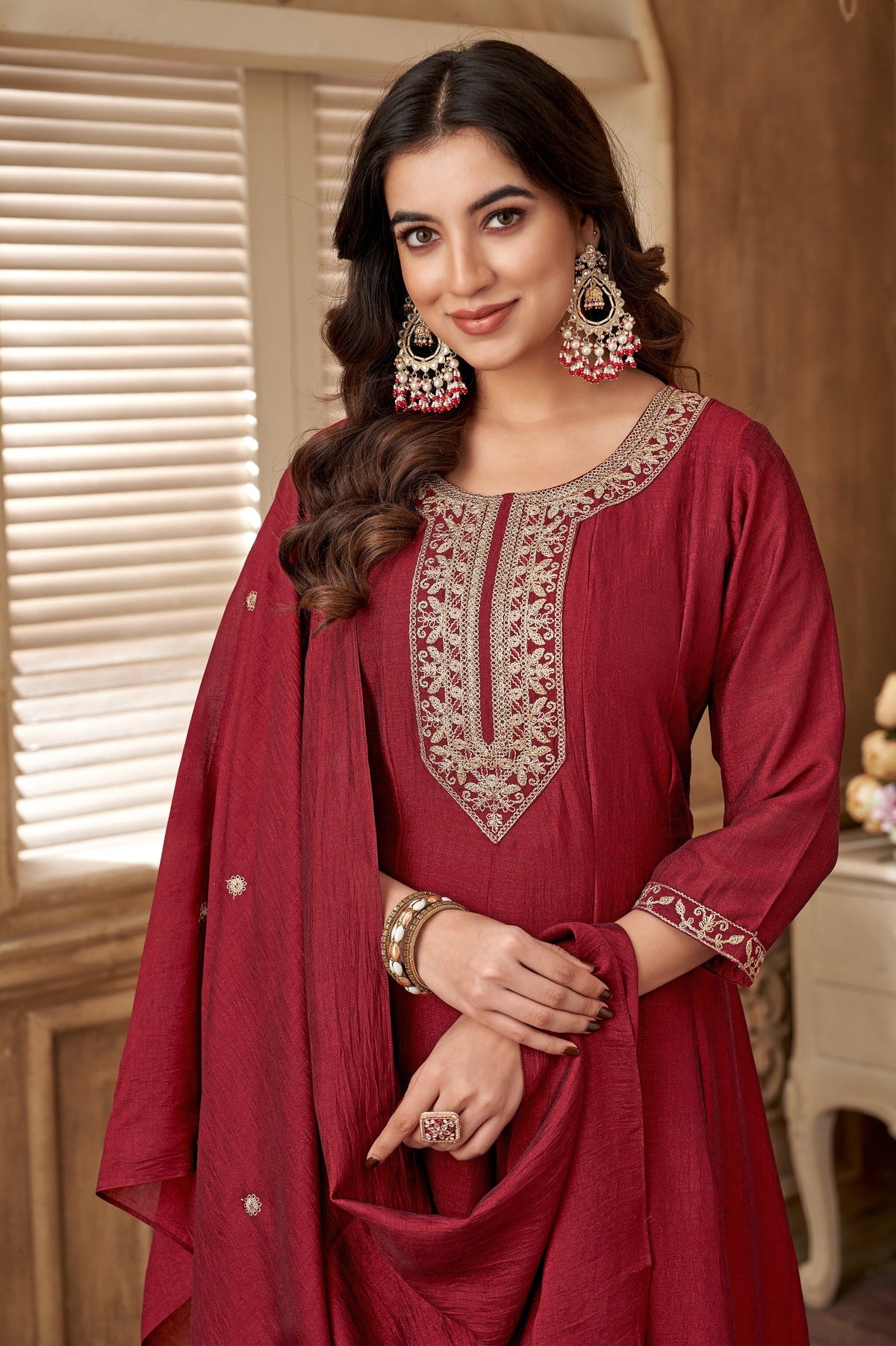 Vedant Vastram Kurta Pant set with Dupatta having Beautiful Embroidered work - Maroon | Grocsy