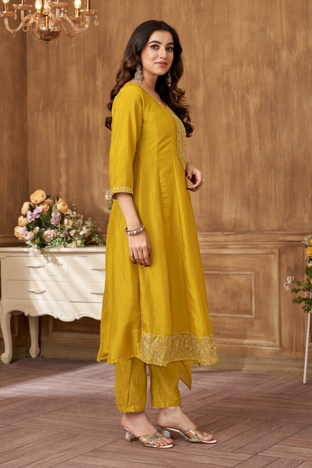 Vedant Vastram Kurta Pant set with Dupatta having Beautiful Embroidered work - Mustard | Grocsy
