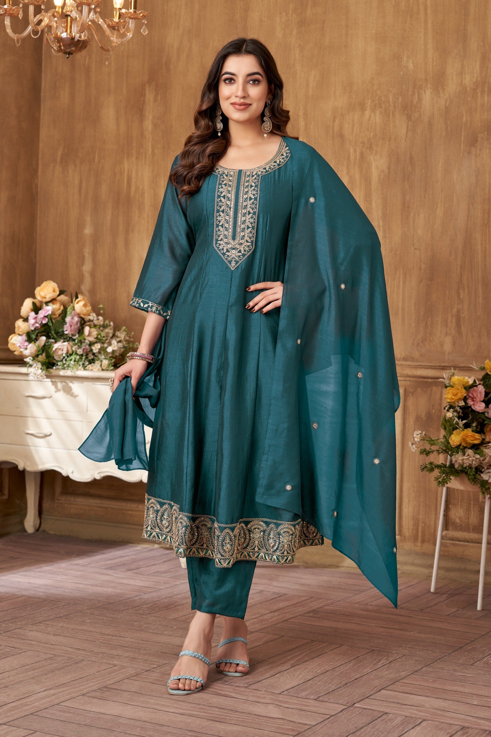 Vedant Vastram Kurta Pant set with Dupatta having Beautiful Embroidered work - Rama | Grocsy