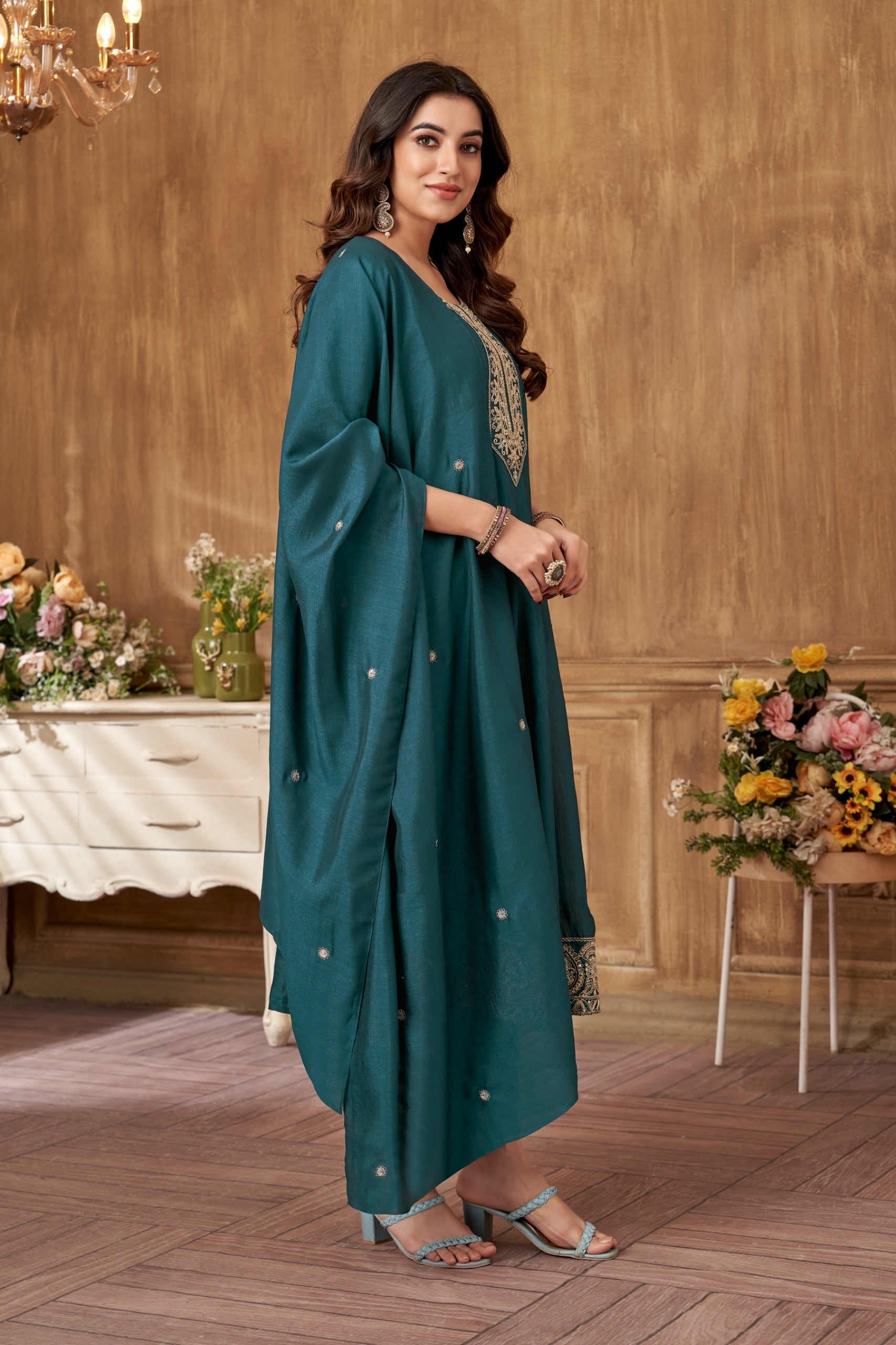 Vedant Vastram Kurta Pant set with Dupatta having Beautiful Embroidered work - Rama | Grocsy