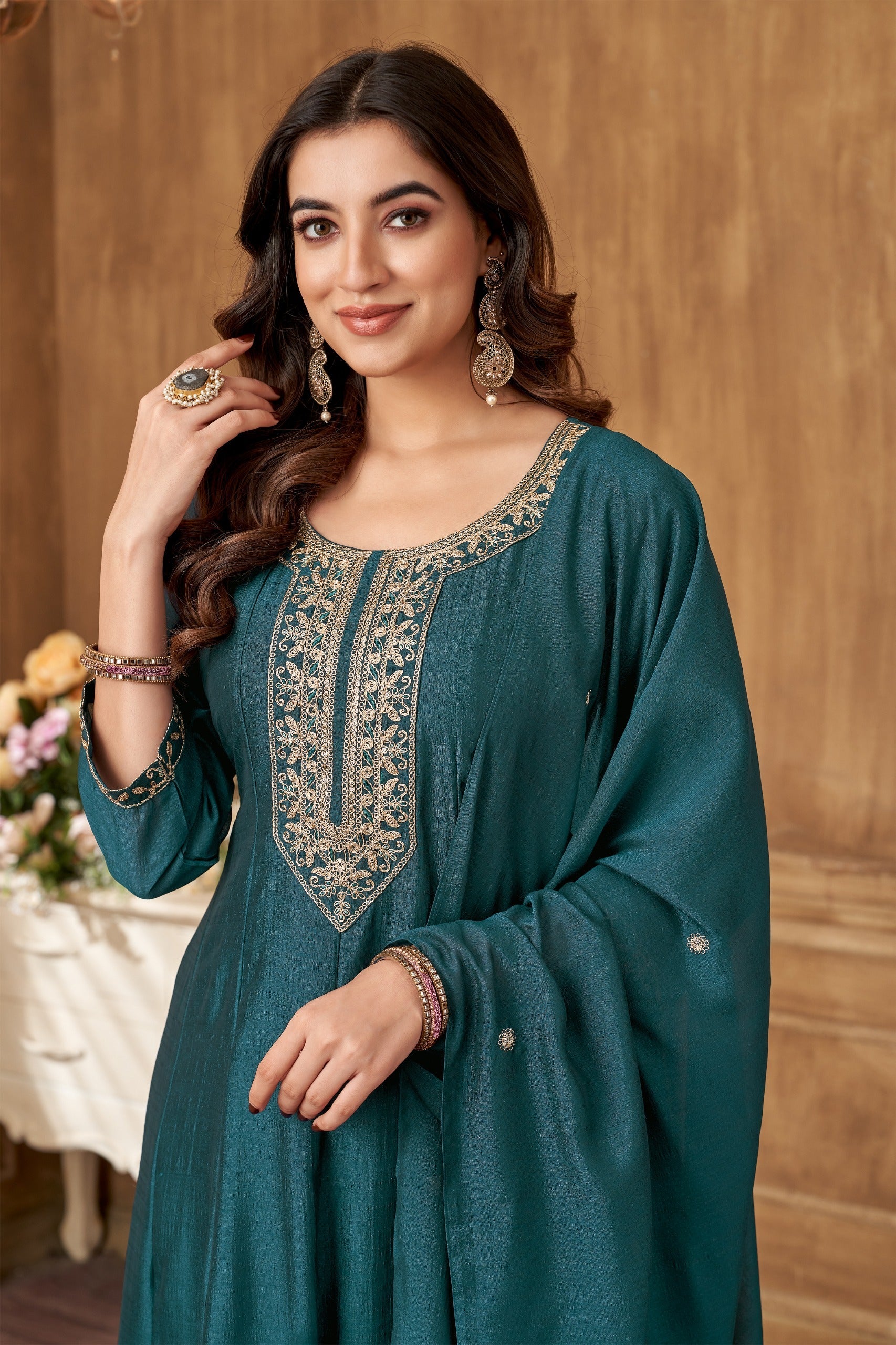 Vedant Vastram Kurta Pant set with Dupatta having Beautiful Embroidered work - Rama | Grocsy