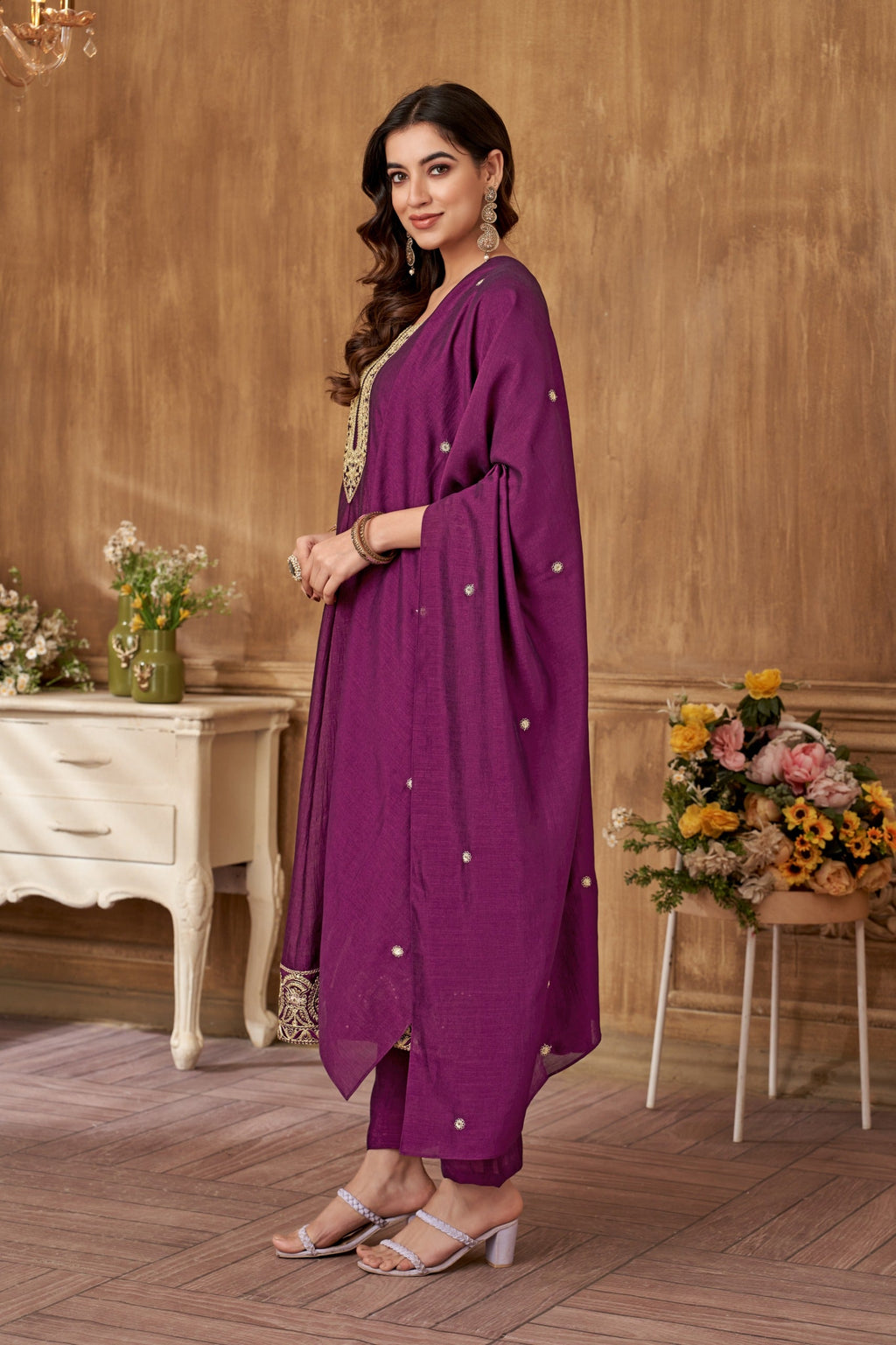 Vedant Vastram Kurta Pant set with Dupatta having Beautiful Embroidered work - Wine | Grocsy
