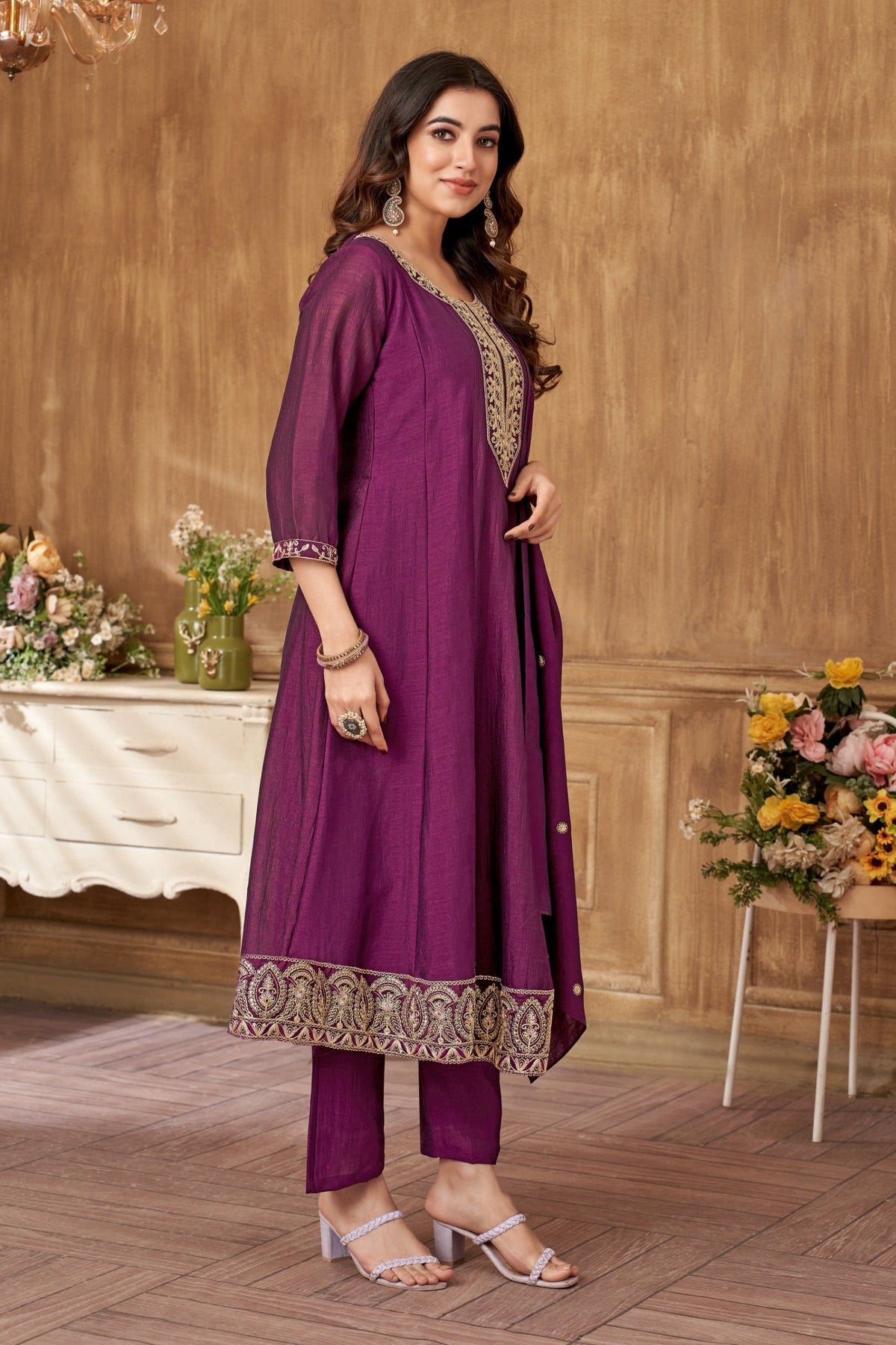 Vedant Vastram Kurta Pant set with Dupatta having Beautiful Embroidered work - Wine | Grocsy