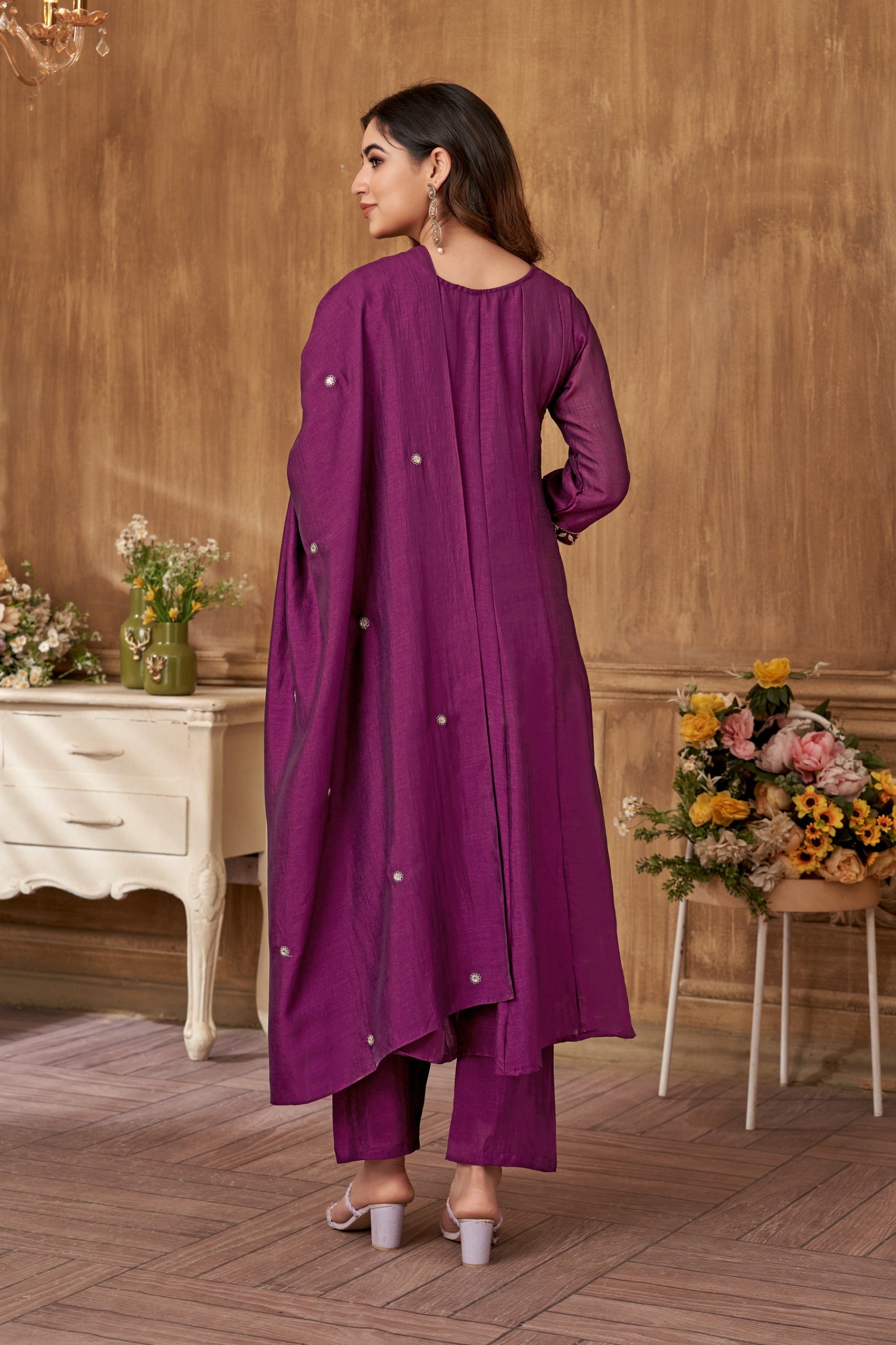 Vedant Vastram Kurta Pant set with Dupatta having Beautiful Embroidered work - Wine | Grocsy