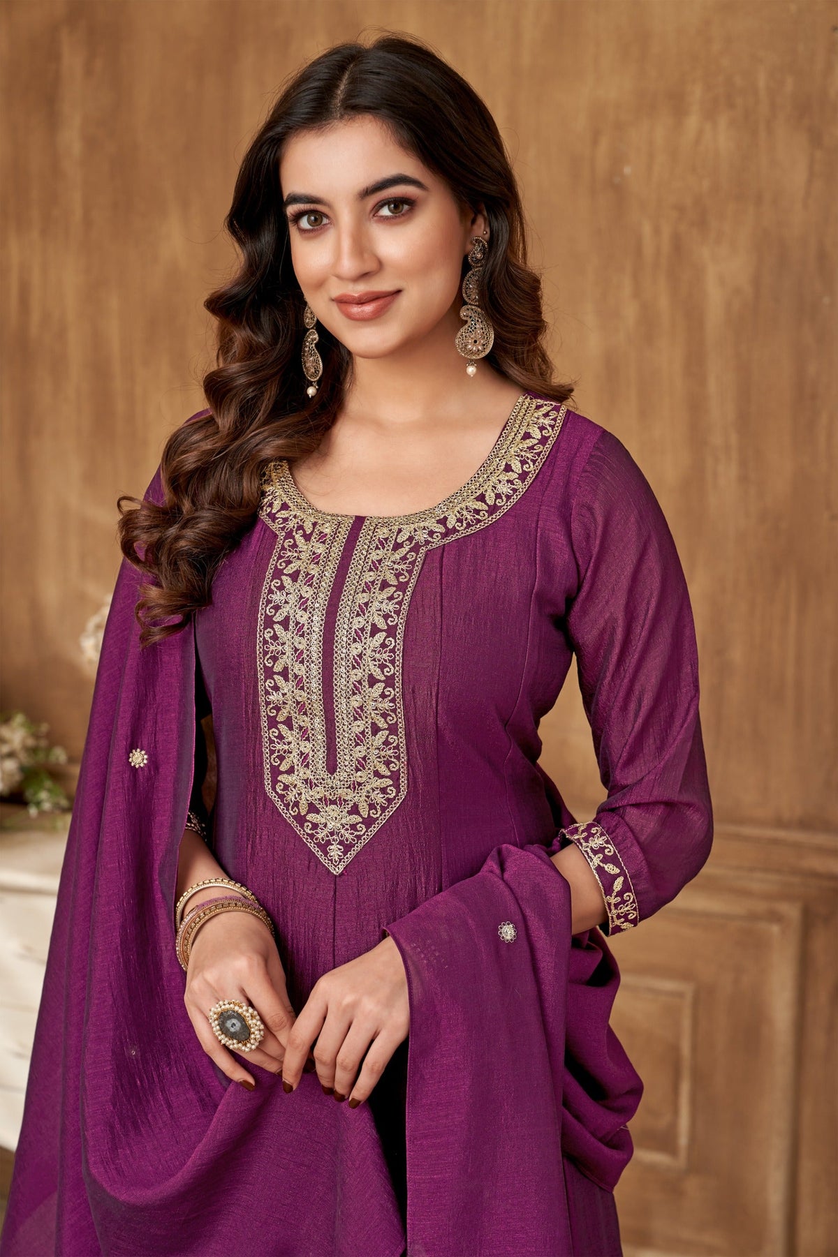 Vedant Vastram Kurta Pant set with Dupatta having Beautiful Embroidered work - Wine | Grocsy
