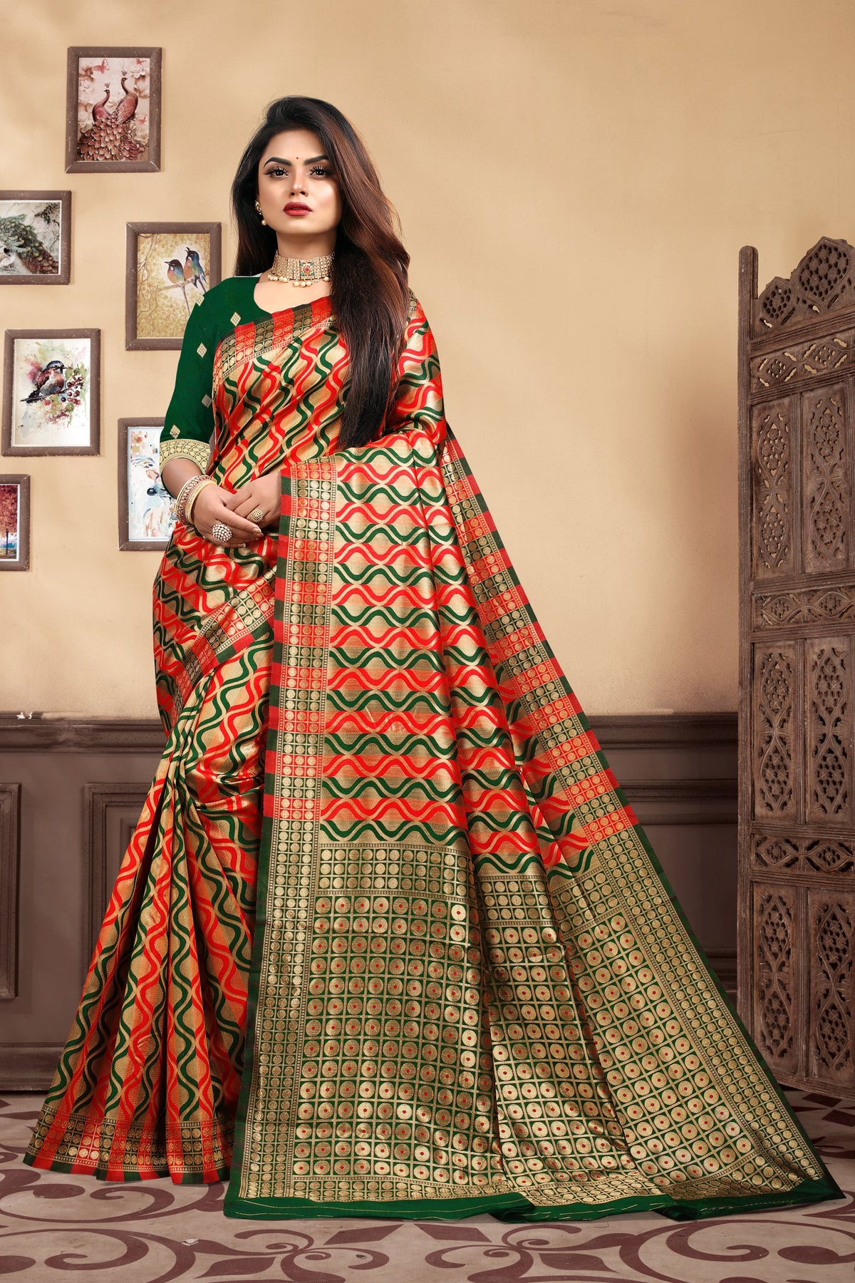 Vedant Vastram Litchi Silk Designer Banarasi Saree - Bottle Green | Grocsy