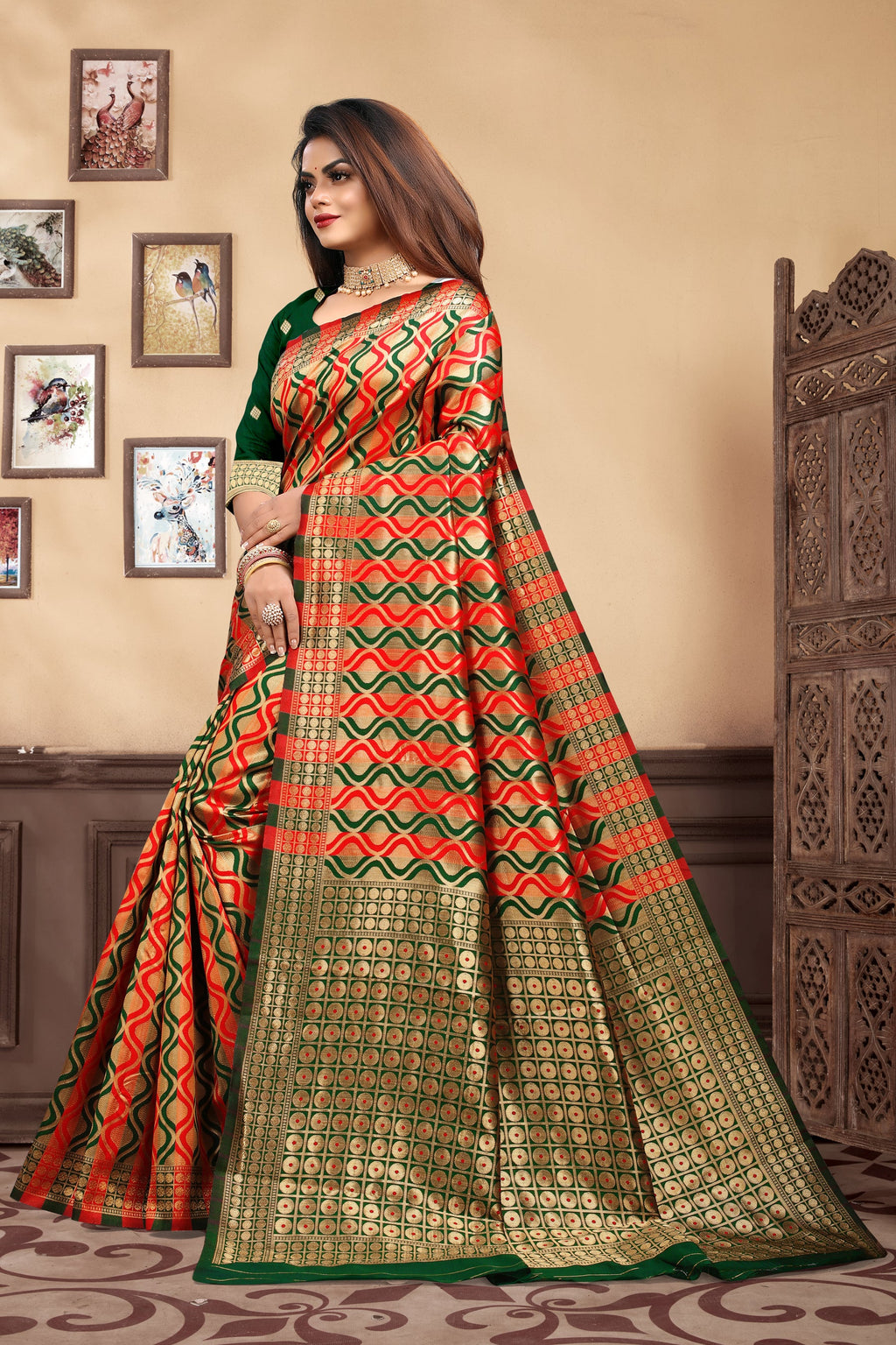 Vedant Vastram Litchi Silk Designer Banarasi Saree - Bottle Green | Grocsy