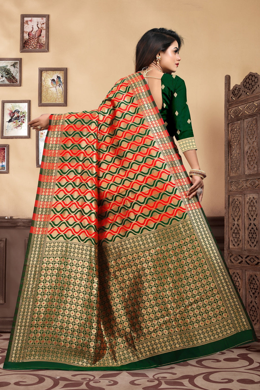 Vedant Vastram Litchi Silk Designer Banarasi Saree - Bottle Green | Grocsy