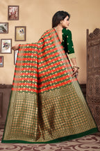 Vedant Vastram Litchi Silk Designer Banarasi Saree - Bottle Green | Grocsy