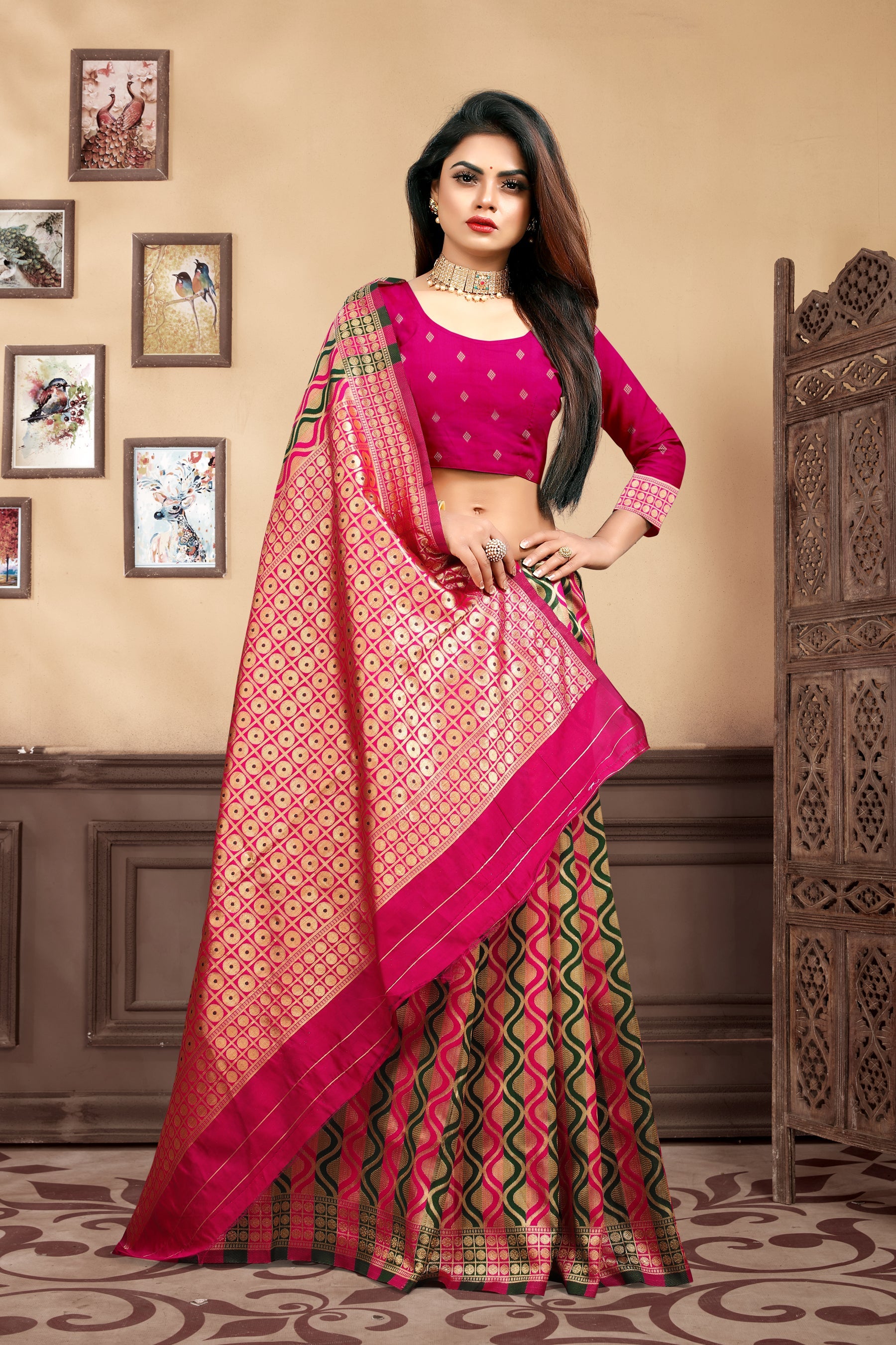 Vedant Vastram Litchi Silk Designer Banarasi Saree - Magenta | Grocsy