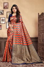 Vedant Vastram Litchi Silk Designer Banarasi Saree - Navy Blue | Grocsy