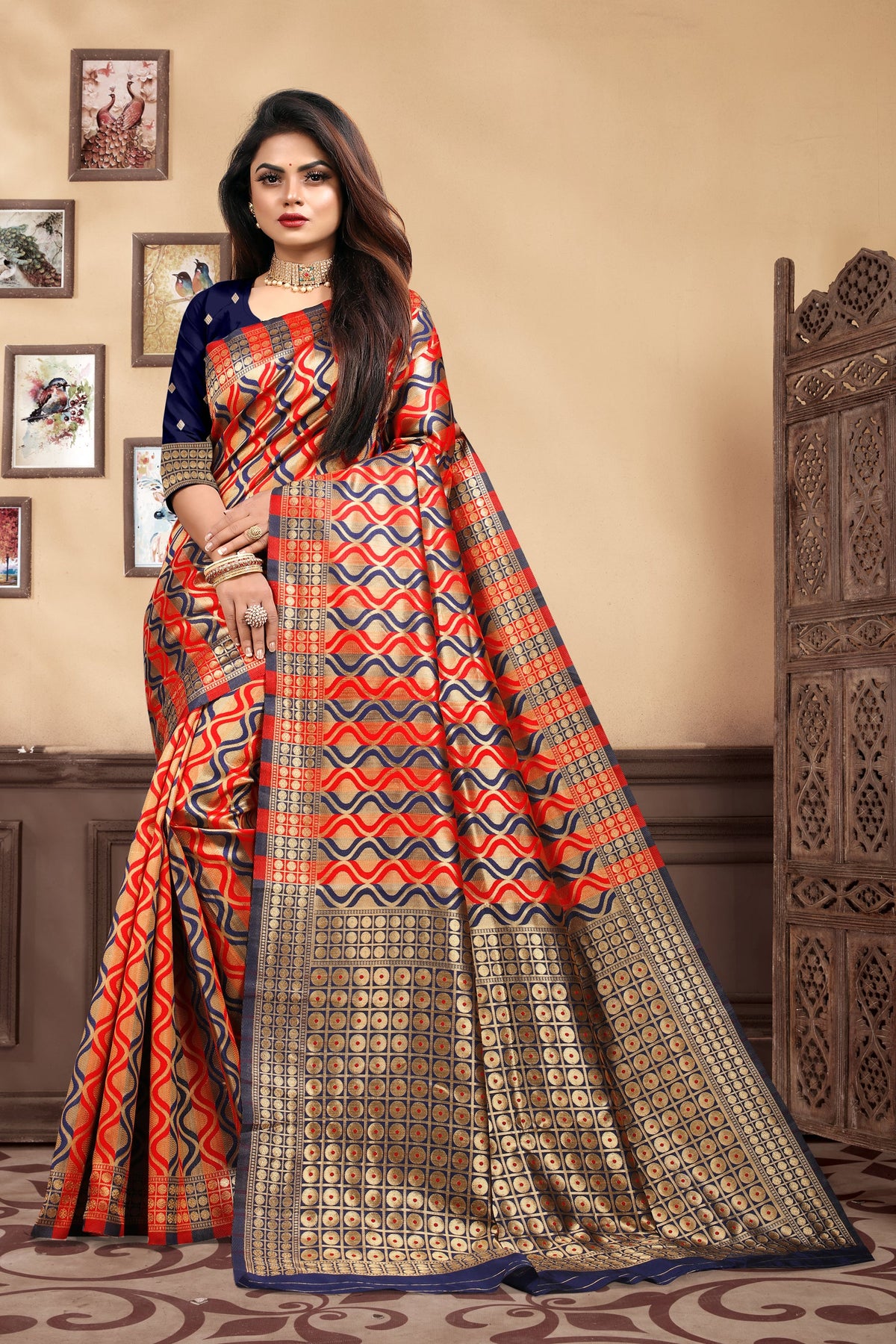 Vedant Vastram Litchi Silk Designer Banarasi Saree - Navy Blue | Grocsy