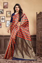 Vedant Vastram Litchi Silk Designer Banarasi Saree - Navy Blue | Grocsy
