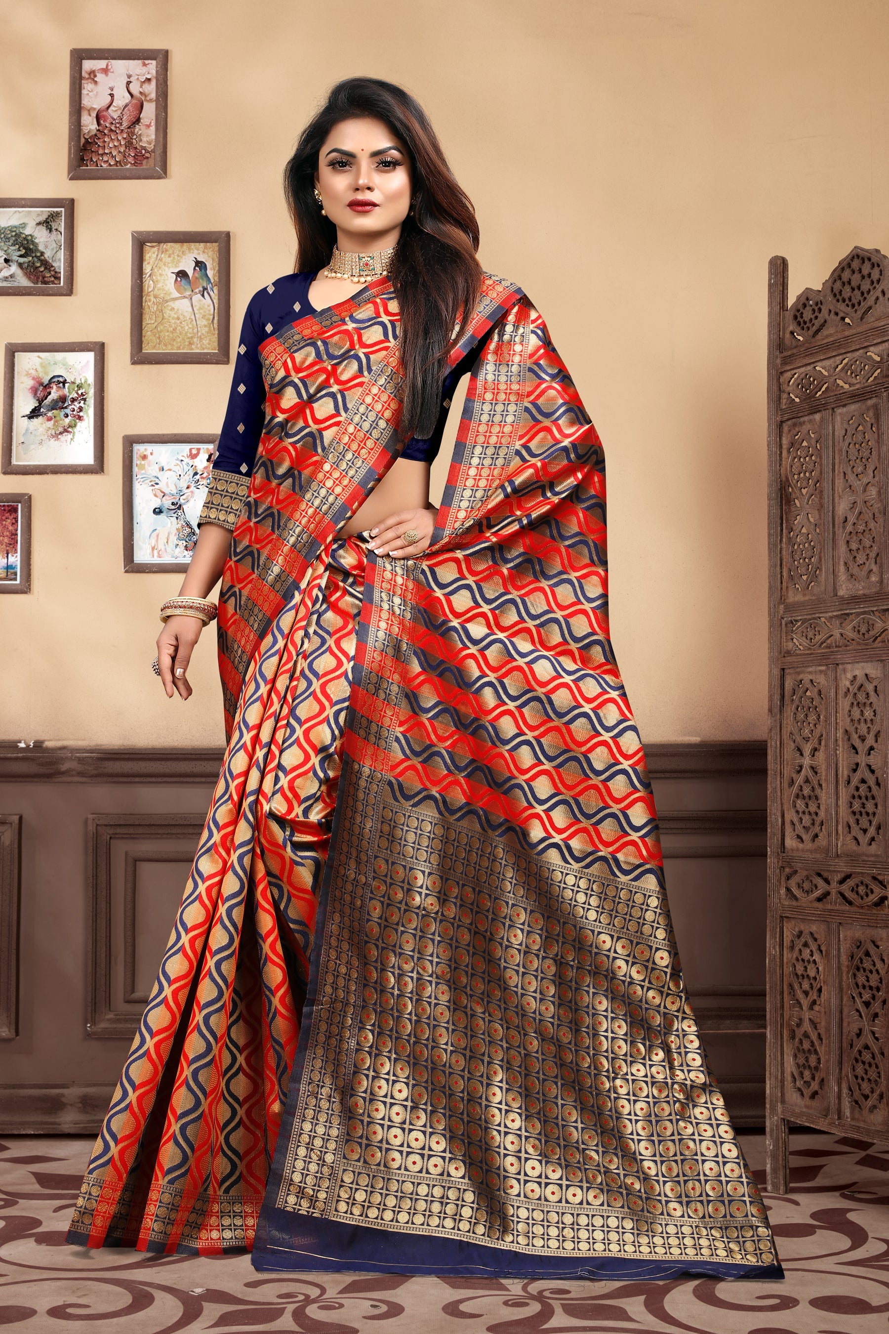 Vedant Vastram Litchi Silk Designer Banarasi Saree - Navy Blue | Grocsy