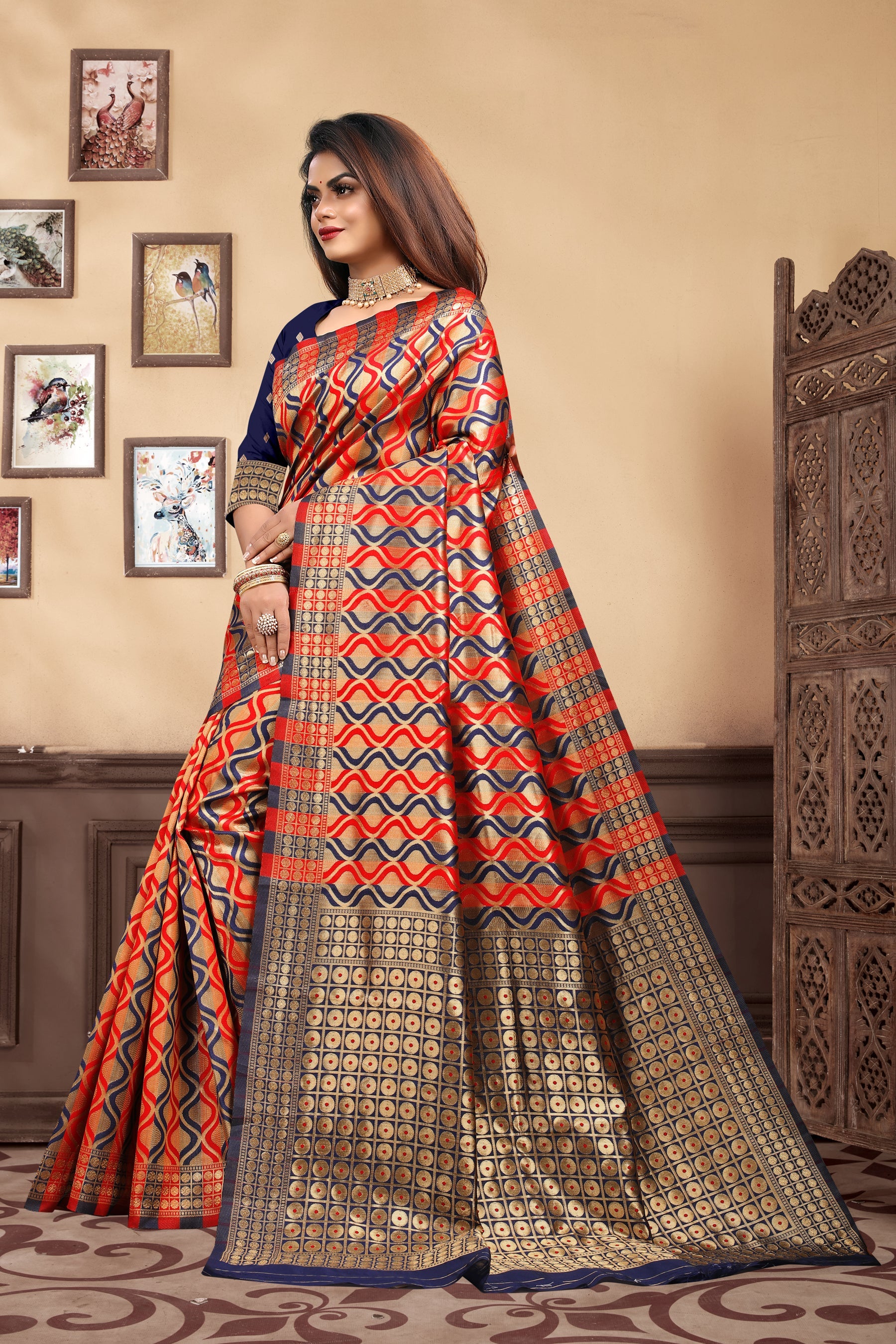 Vedant Vastram Litchi Silk Designer Banarasi Saree - Navy Blue | Grocsy