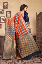 Vedant Vastram Litchi Silk Designer Banarasi Saree - Navy Blue | Grocsy