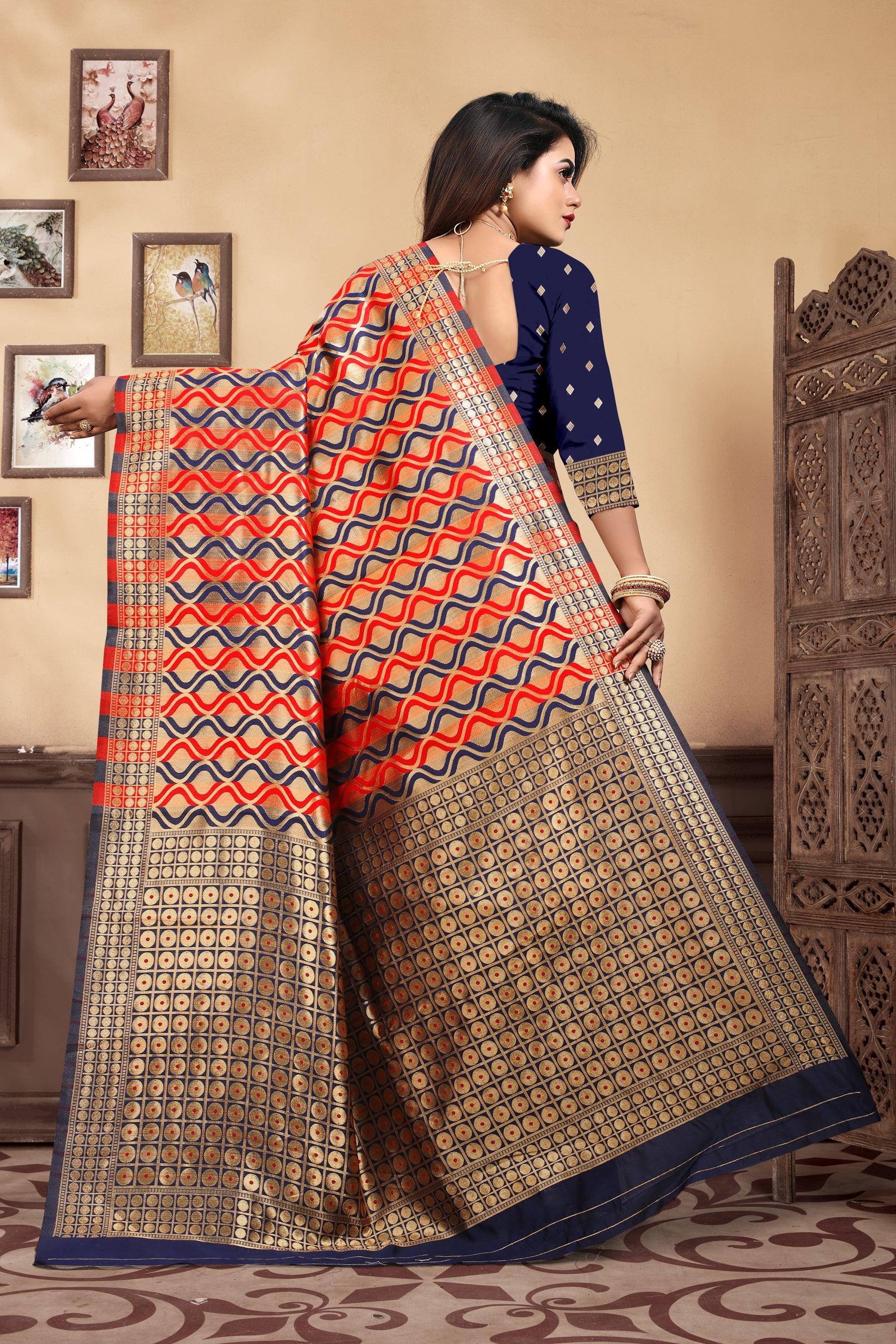 Vedant Vastram Litchi Silk Designer Banarasi Saree - Navy Blue | Grocsy