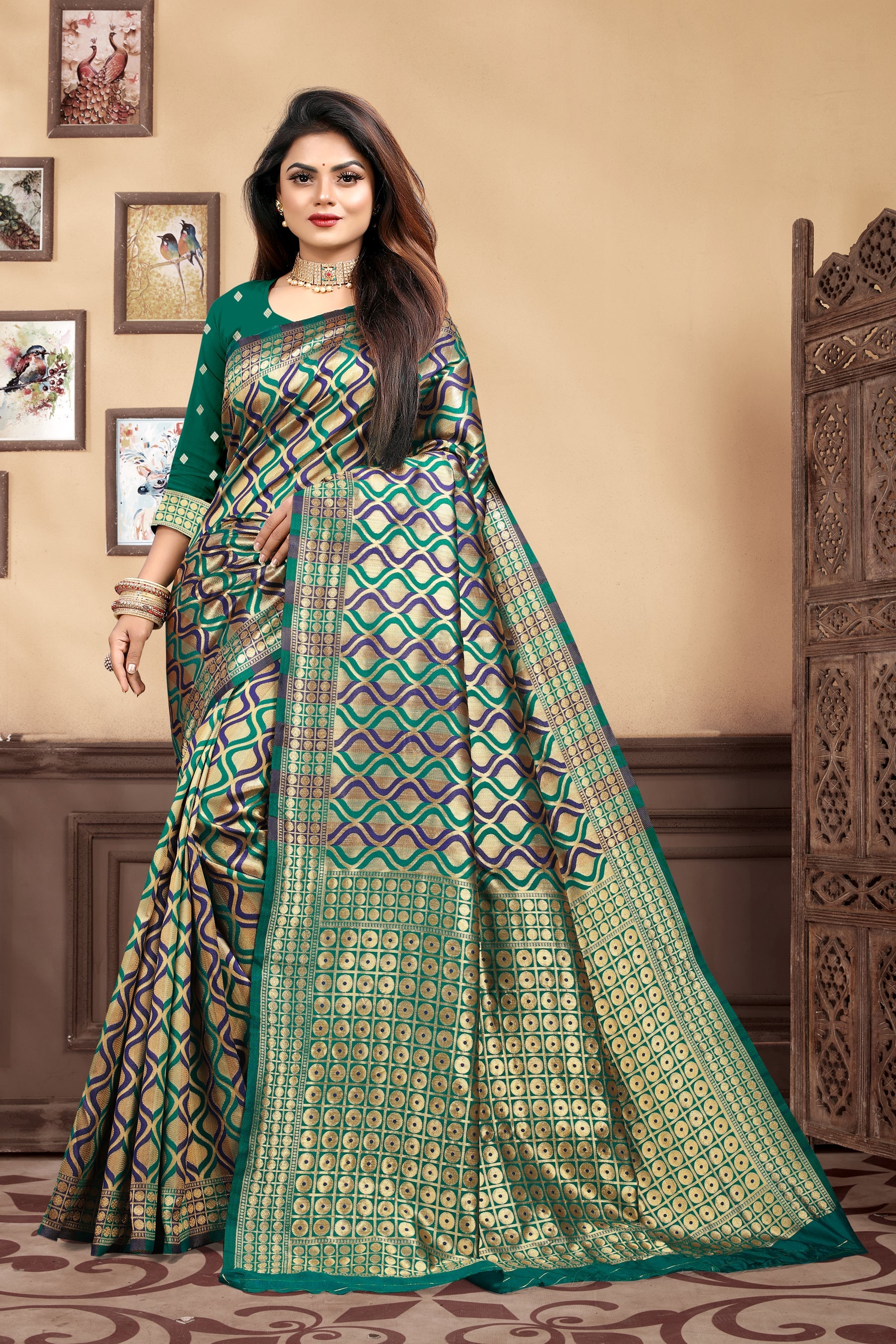Vedant Vastram Litchi Silk Designer Banarasi Saree - Rama | Grocsy
