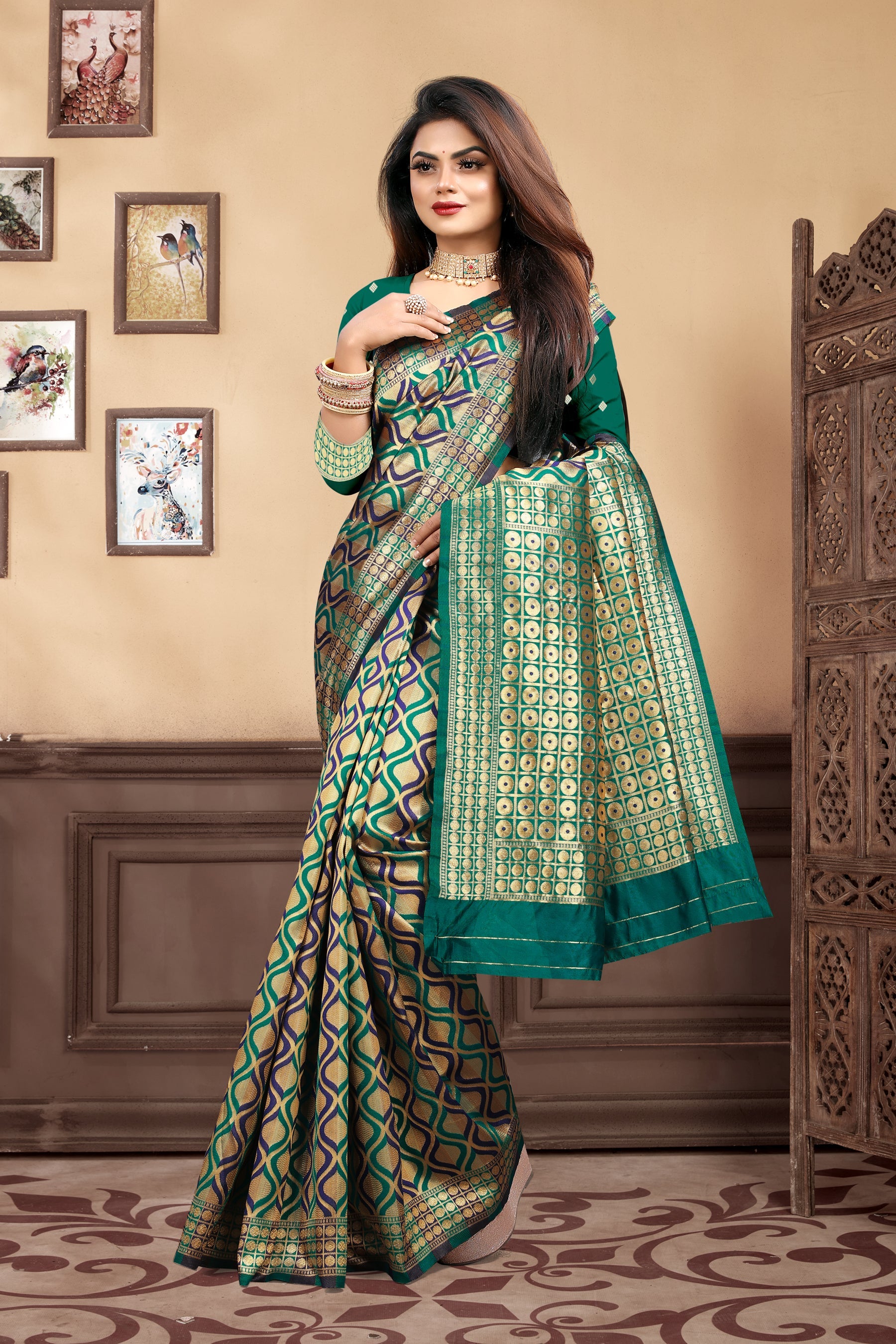Vedant Vastram Litchi Silk Designer Banarasi Saree - Rama | Grocsy