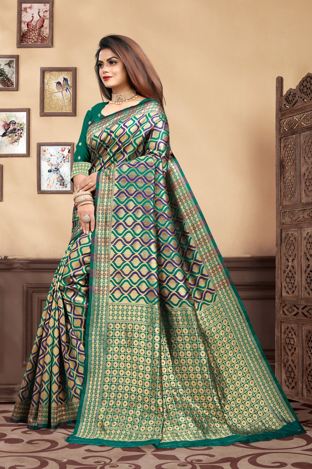 Vedant Vastram Litchi Silk Designer Banarasi Saree - Rama | Grocsy
