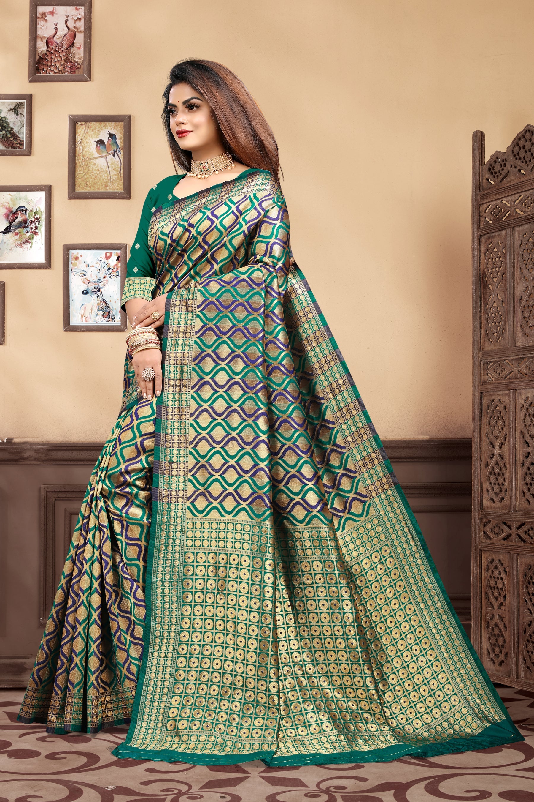 Vedant Vastram Litchi Silk Designer Banarasi Saree - Rama | Grocsy