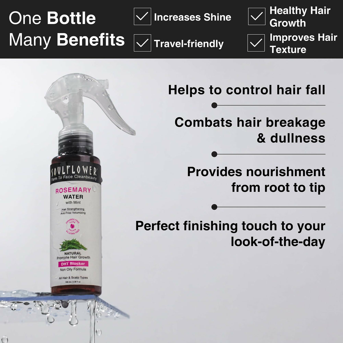 Soulflower Rosemary Water Spray with Mint For Hair growth, Hair fall control, Scalp health, Hair damage protection, Anti frizz | Grocsy
