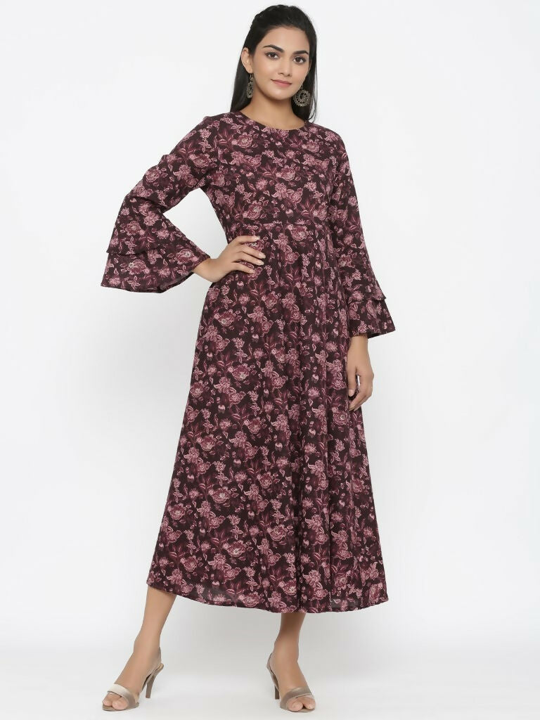 Miravan Women's Maroon Floral Bell Sleeves Anarkali Kurta | Grocsy