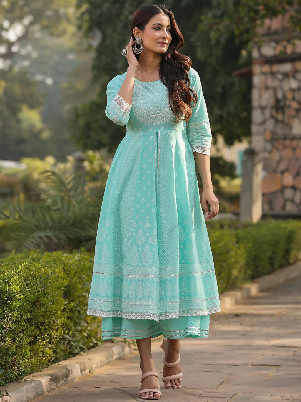 Juniper Women's Aqua Cambric Floral Printed Double Layered Kalidar Dress | Grocsy