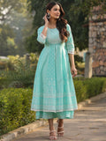 Juniper Women's Aqua Cambric Floral Printed Double Layered Kalidar Dress | Grocsy