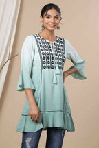 Juniper Sage Green Rayon Festive Embroidered Tiered Tunic For Women | Grocsy