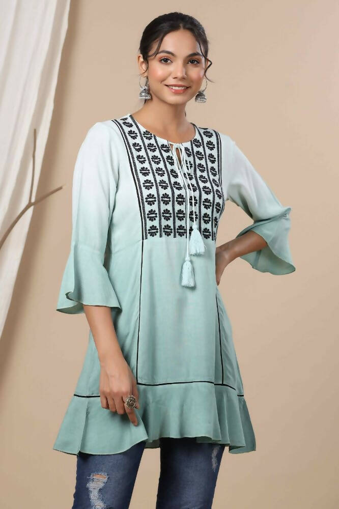 Juniper Sage Green Rayon Festive Embroidered Tiered Tunic For Women | Grocsy
