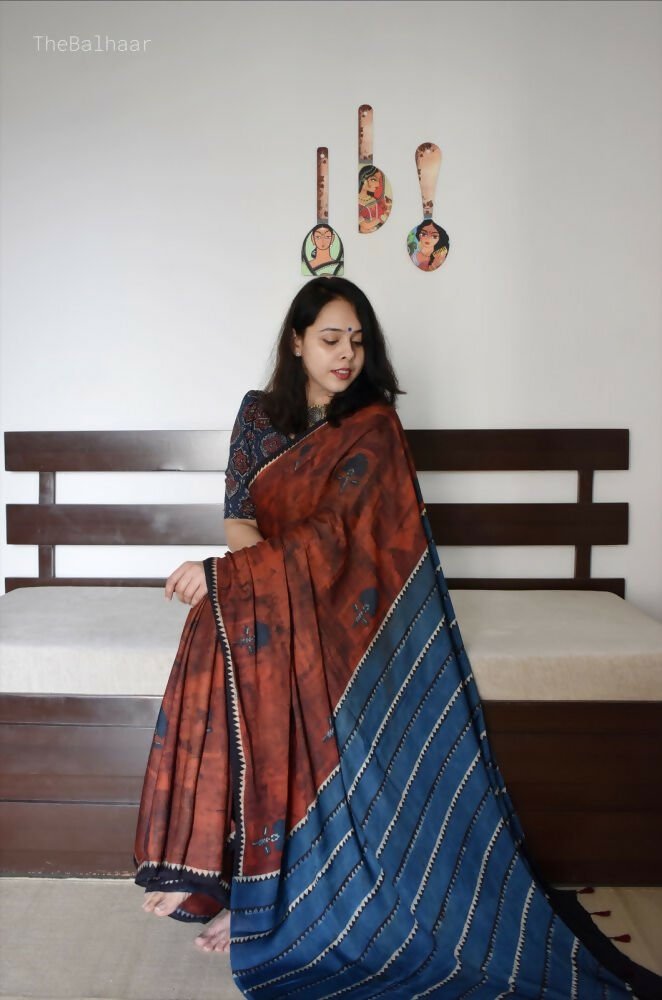 Arfa Fashion House Brick Dual Tone Silk Digital Printed Saree | Grocsy