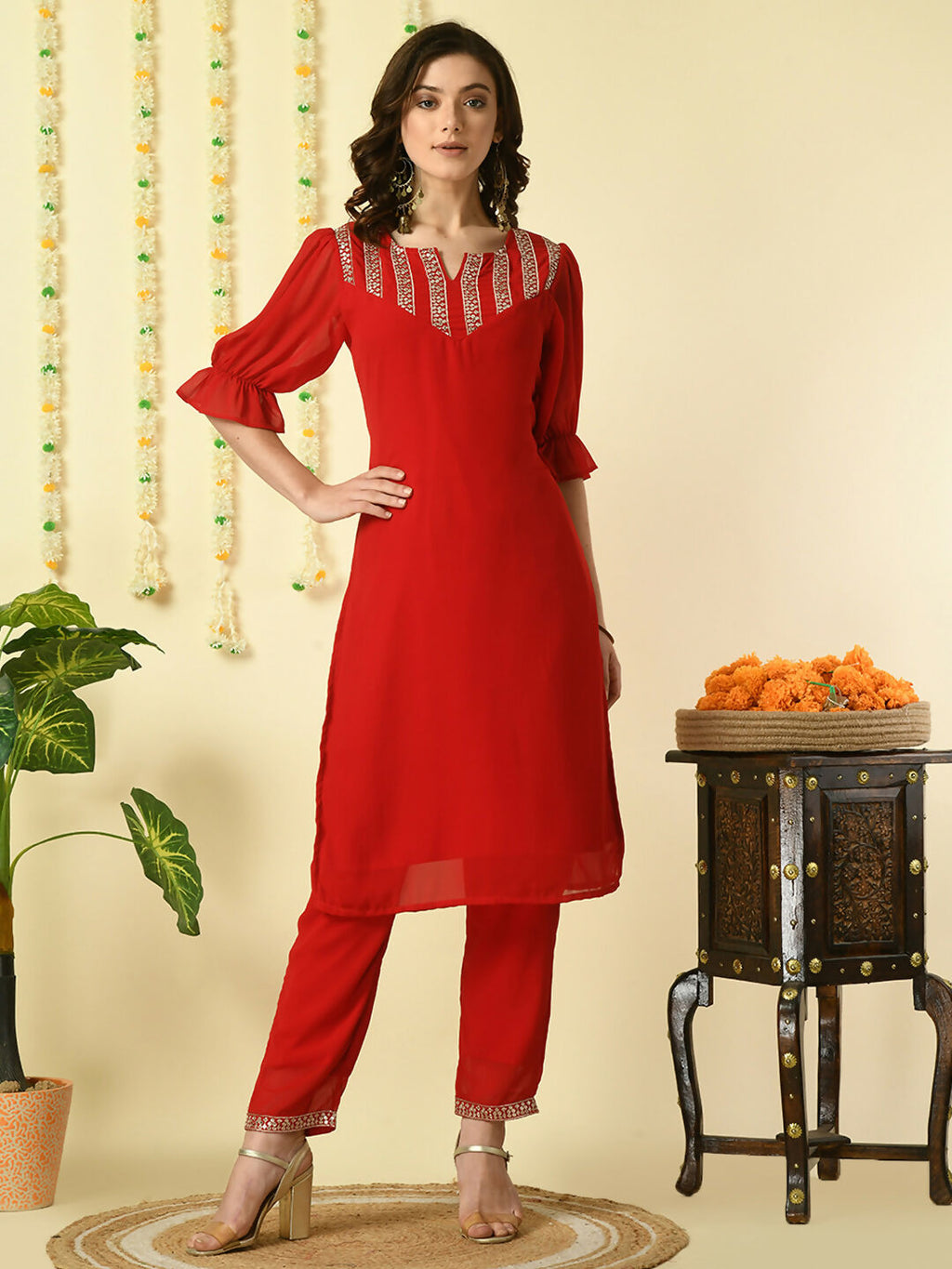 Myshka Women's Red Georgette Kurta With Trousers Party Sets | Grocsy